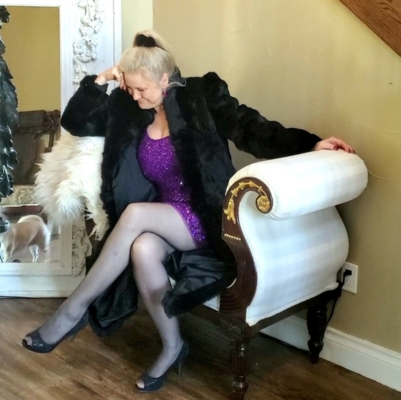 Black, long, Ultra Soft Rabbit Fur Coat with Tuxedo Collar - Picture 4 of 17